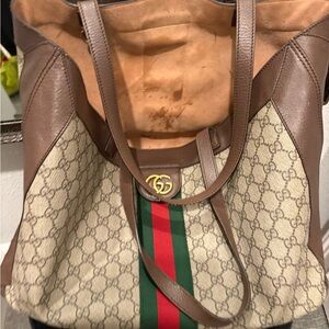 Gucci Beige and Brown Tote with Green and Red Stripes